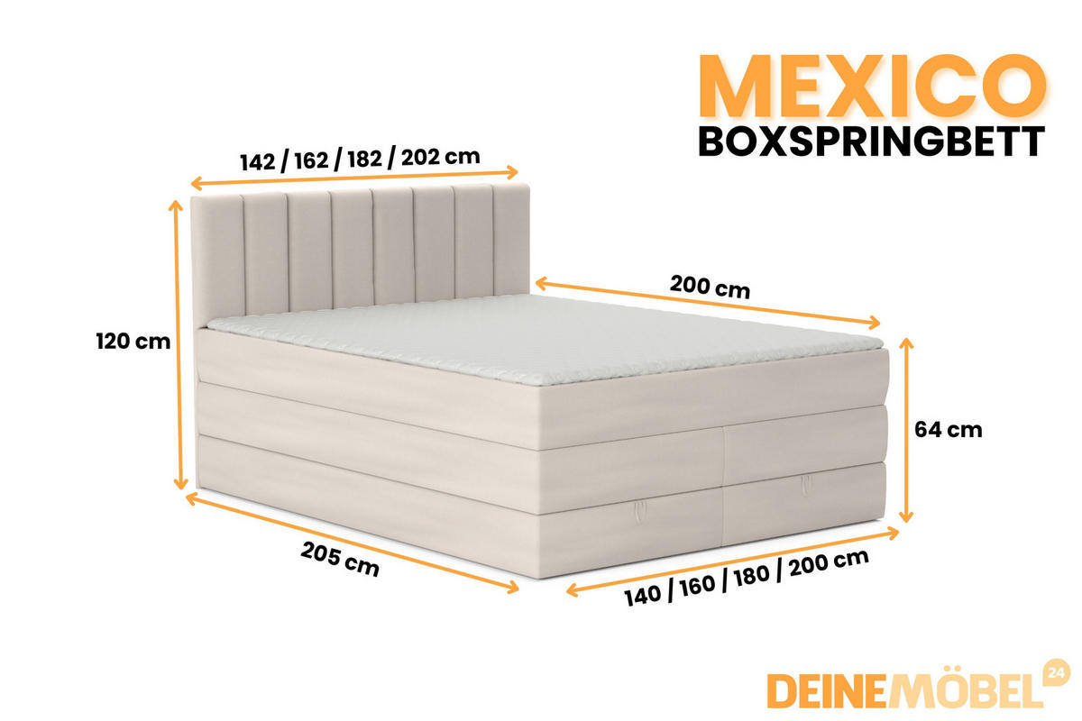 BOXBETT MEXICO 160/200 in Velours Ecru mit Doppelmatratze - Ecru, Holz/Holzwerkstoff (160/200cm) - Deine Möbel 24