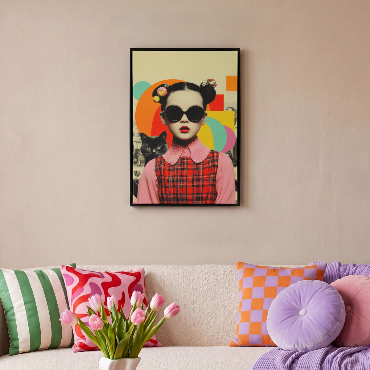 LEINWAND Bilder mit Rahmen - Mädchen - Sonnenbrille - Katze - Retro - 40x60 - Beige, Textil (40/60cm) - MuchoWow