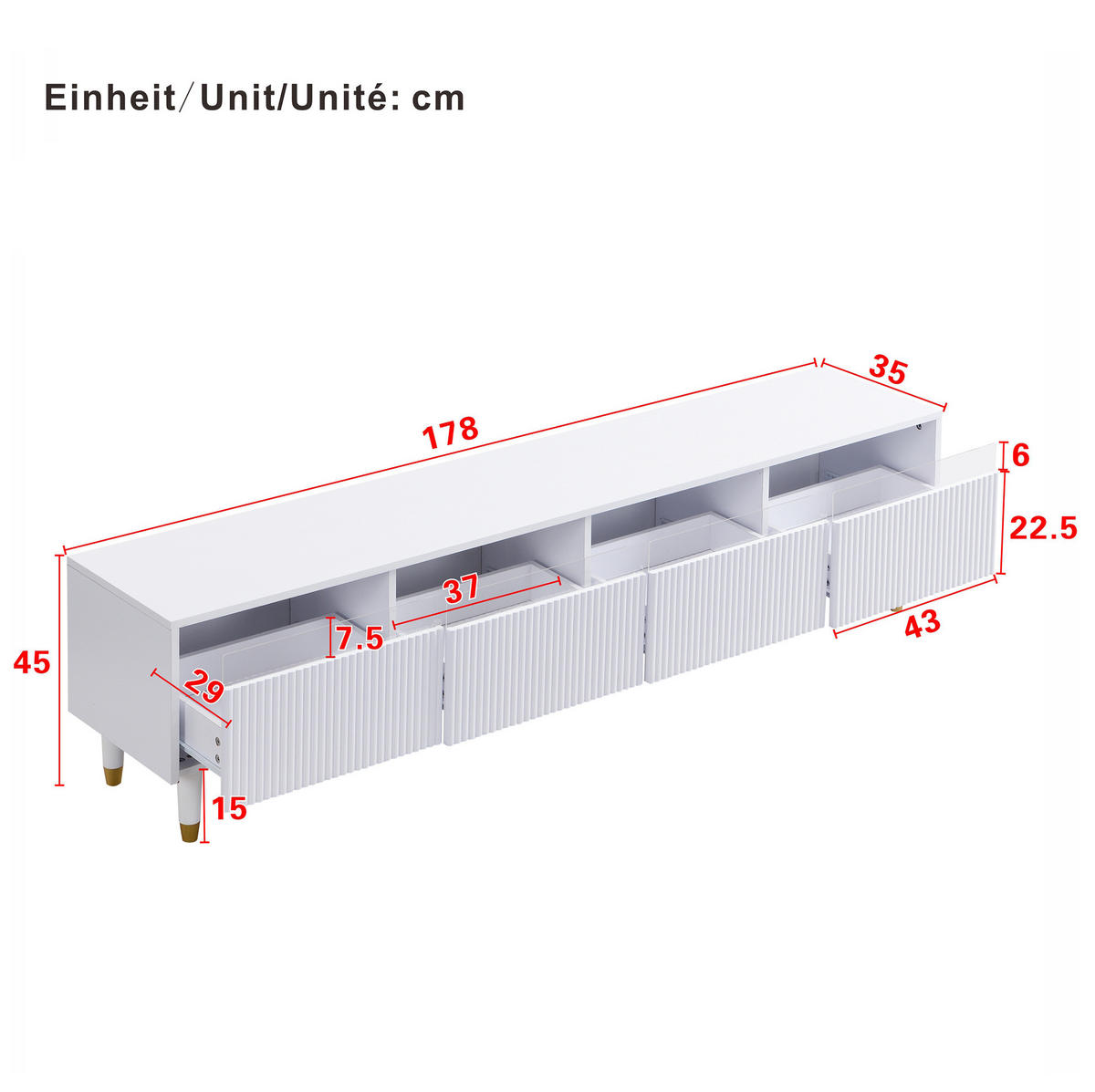 TV-SCHRANK 178/35/45 cm weiß MDF mit 4 Schubladen und Kabelmanagement - Weiß, Holzwerkstoff (178/45/35cm) - OKWISH