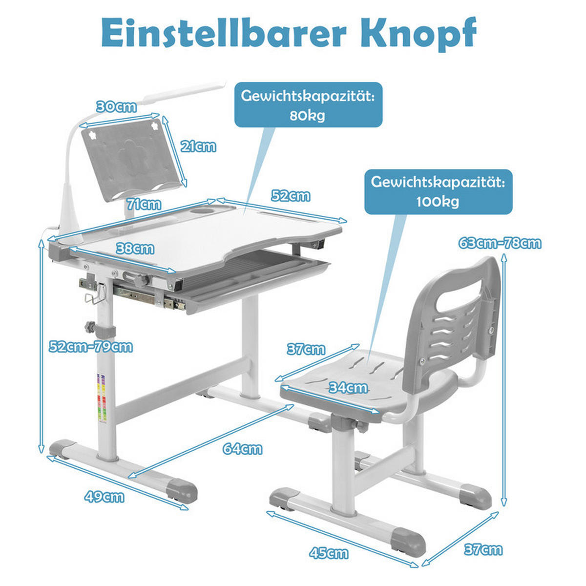 KINDERSCHREIBTISCH mit Bücherregal grau(2-tlg) - Grau, Metall (71/52/49cm) - COSTWAY