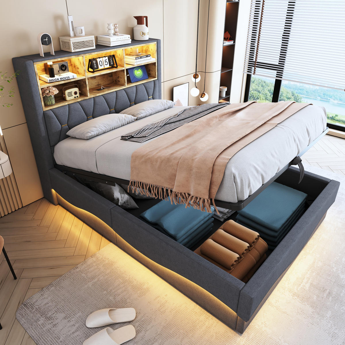 POLSTERBETT 140/200 cm Grau aus Leinen mit LED-Beleuchtung und Stauraum - Grau, Metall (140/200cm) - OKMYHOME