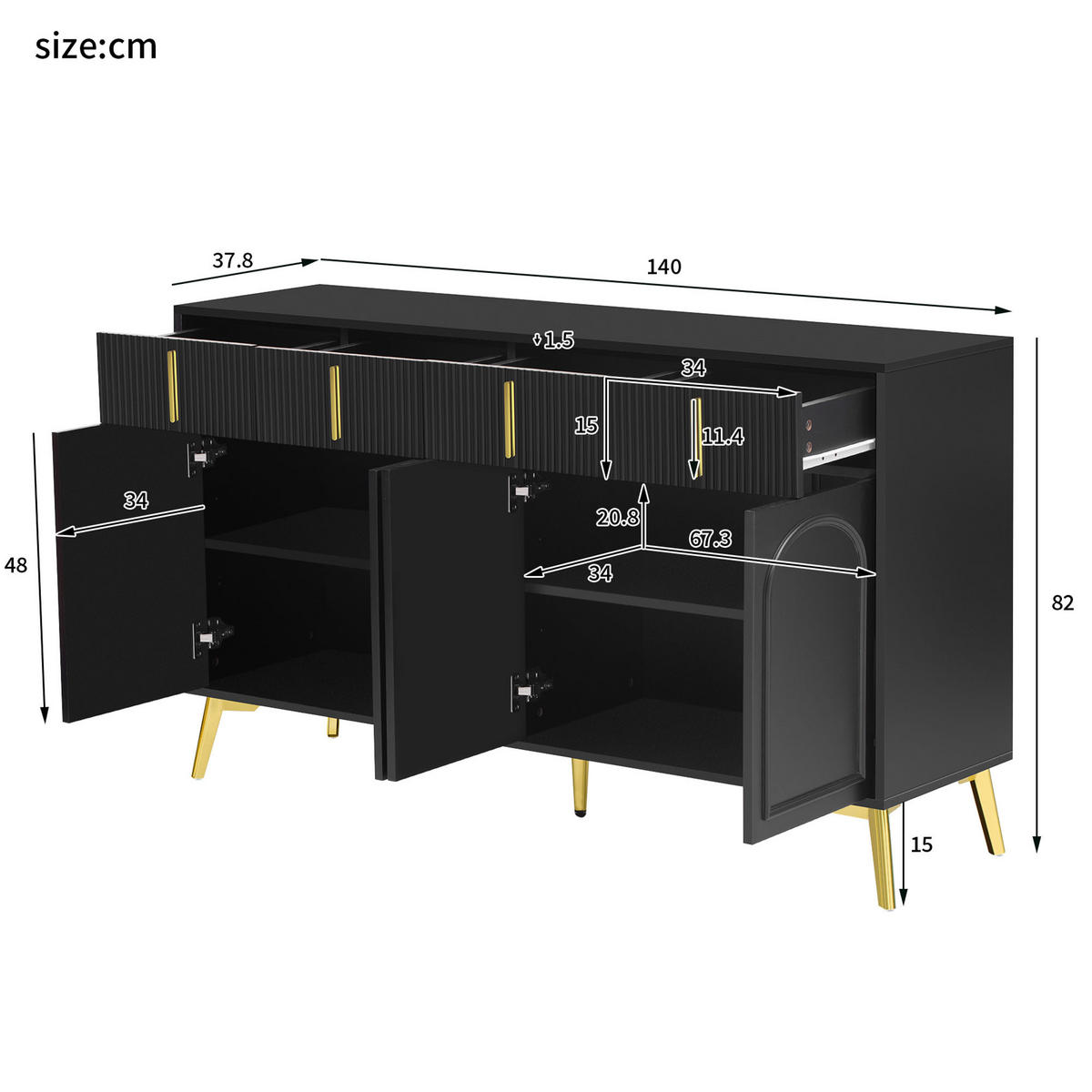 SIDEBOARD Schwarz mit 3 Schubladen, 2 Türen und offenen Fächern - Schwarz, Holzwerkstoff/Metall (140/82/37.8cm) - Urban Meuble