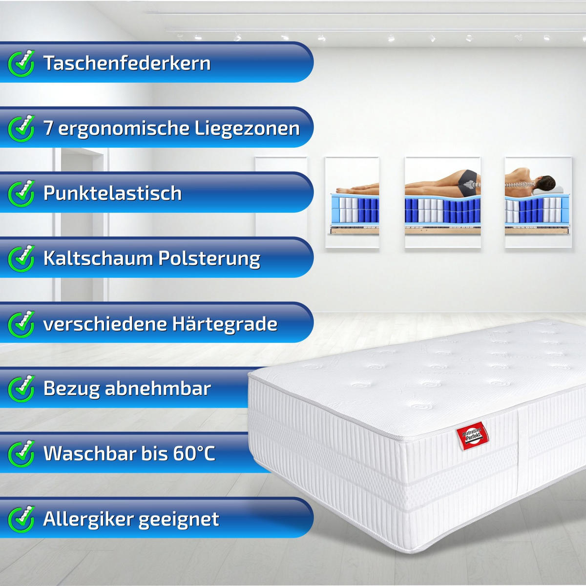 BOXSPRINGMATRATZE Terra Med Box 160 x 200 cm 33 cm Höhe H2 7 Zonen Integriertem Topper - Weiß, Textil (160/200cm) - Matratzen Perfekt
