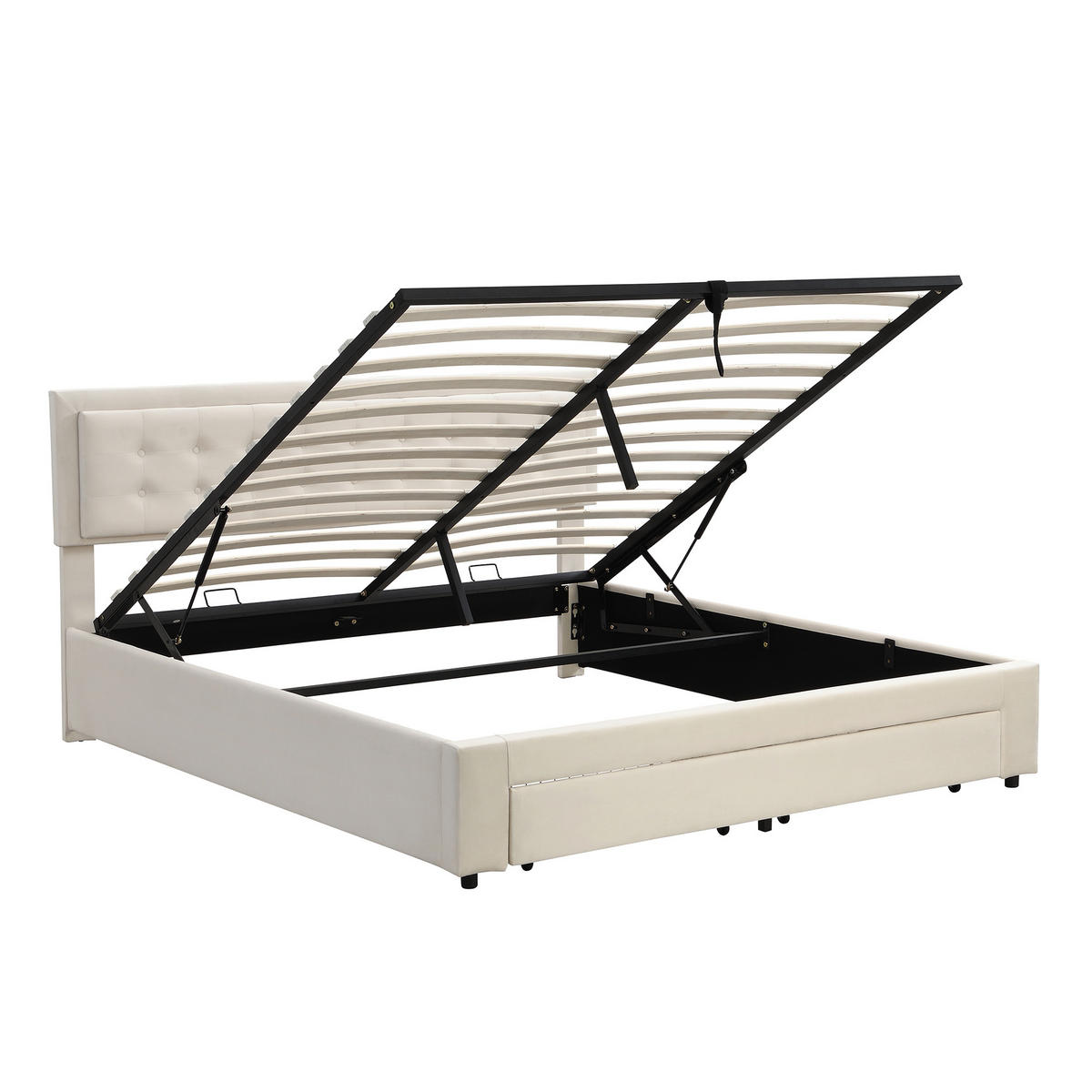 POLSTERBETT 160/200 cm Beige Samt mit Stauraum hydraulischer Bettkasten und höhenverstellbarem Kopfteil - Beige, Textil (160/200cm) - OKWISH