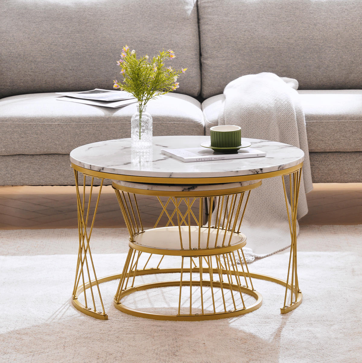 COUCHTISCH-SET 70/70/47 & 45/45/40 cm in Weiß mit Marmormuster und Goldoptik - Weiß, Holzwerkstoff (70/70/45cm) - Flora Grace
