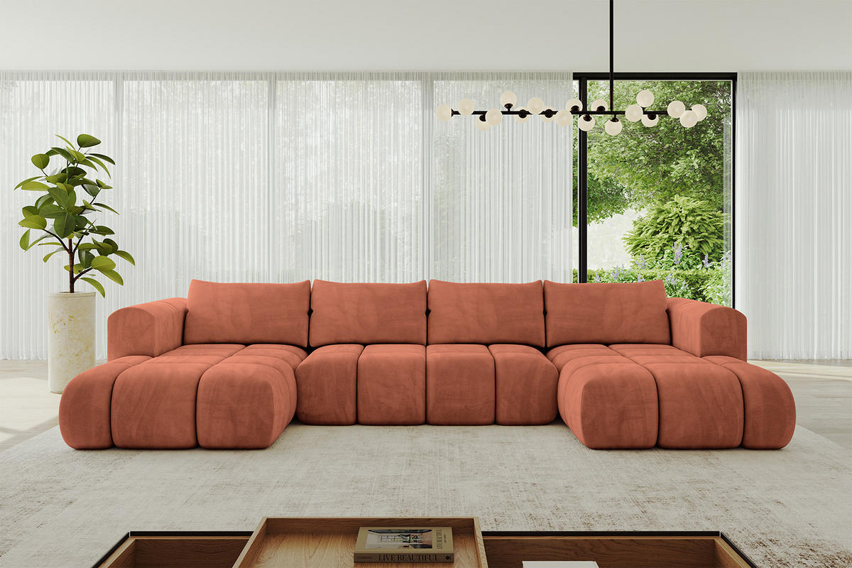 WOHNLANDSCHAFT Ottomane Links CLOUD-U 414x180x40 Apricot Velours - Koralle, Holzwerkstoff/Kunststoff (414/90/180cm) - ALTDECOR