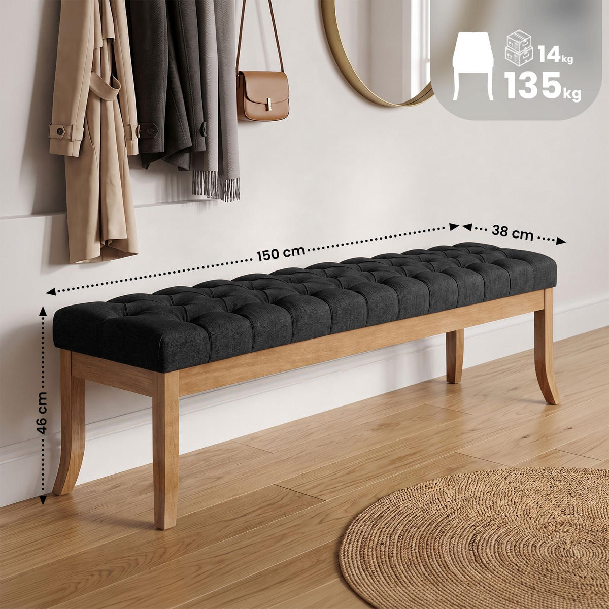 SITZBANK 150/38 cm Stoff Dunkelgrau - Dunkelgrau/Naturfarben, Holz/Textil (150/46/38cm) - CLP