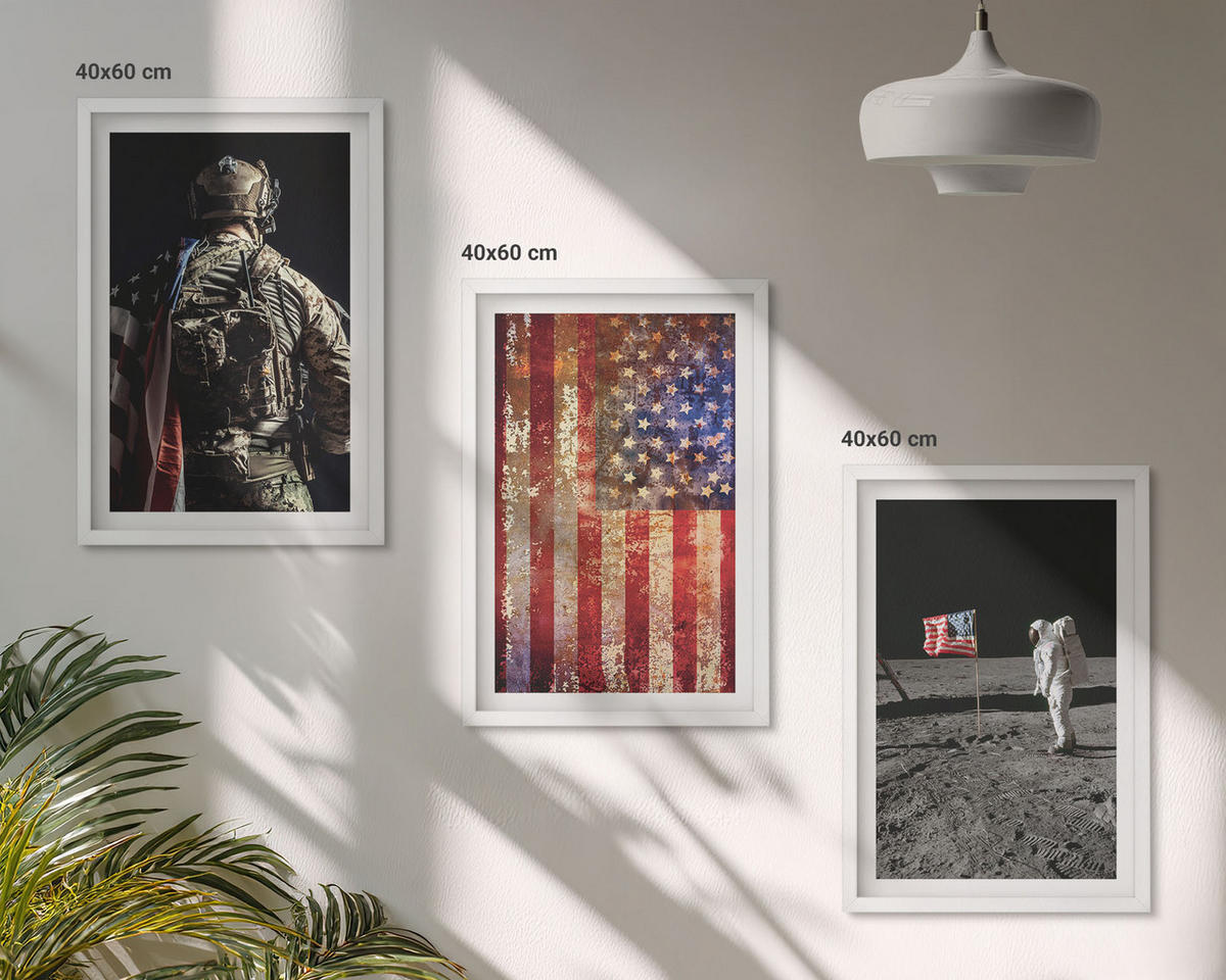 BILDER SET 3er Set - 40x60 cm Weißer Rahmen - Amerikanische Symbole, USA-Flagge - Weiß, Kunststoff (40/60cm) - TULUP