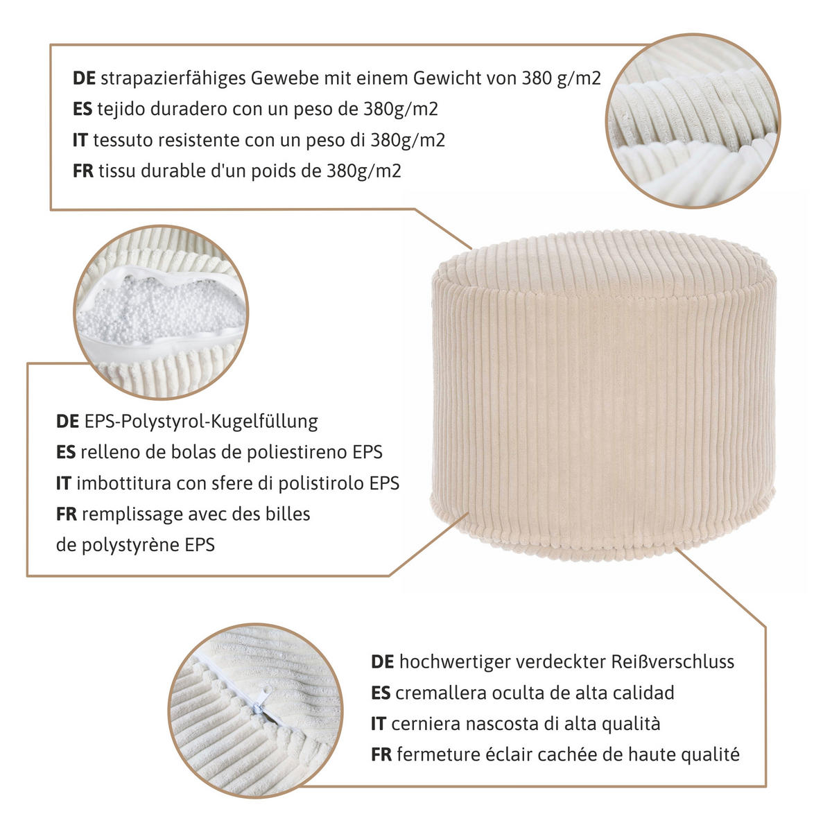 FUSSSTÜTZE Kordsamt White Dove M - Weiß, Textil (50/35/50cm) - Dreamroots