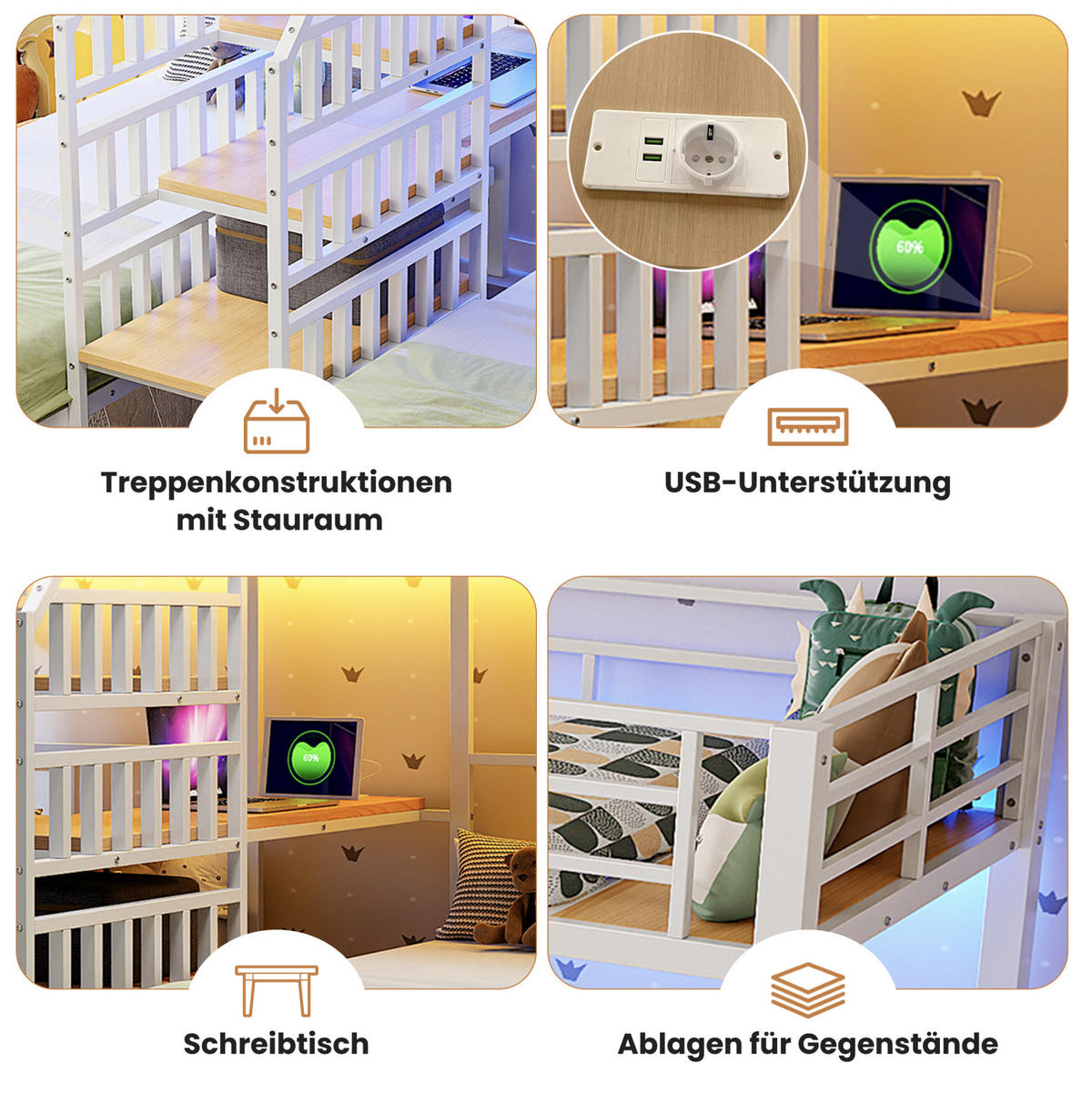 ETAGENBETT 90/200 cm mit 3 Schlafplätzen, LED, USB, Steckdose und Schreibtisch aus Metall/MDF, Weiß - Weiß, Metall (90/200cm) - Redom