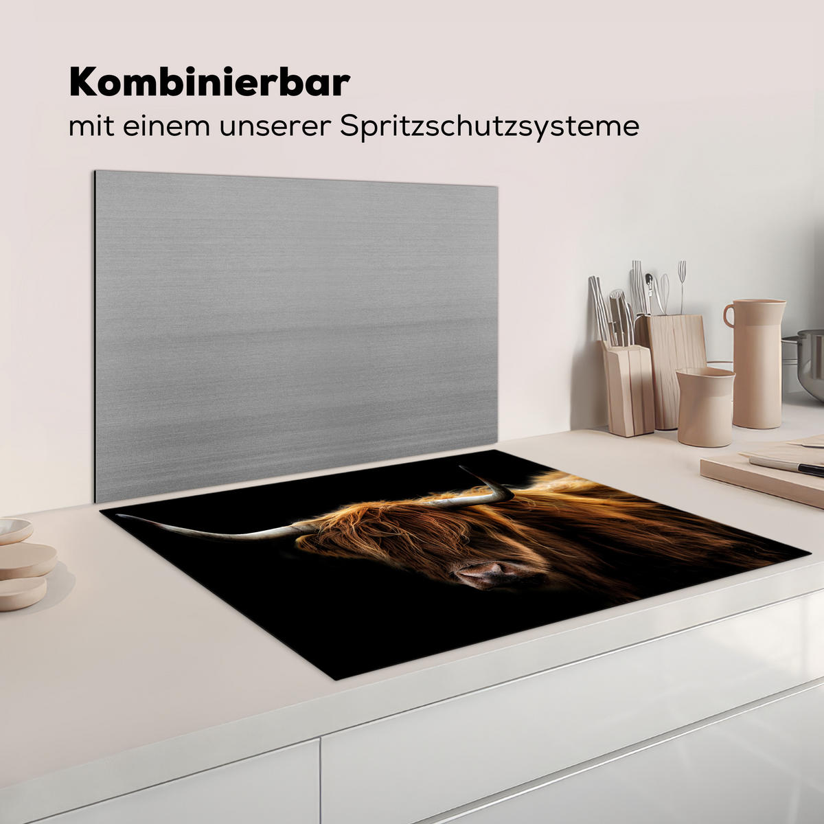 HERDABDECKPLATTE Schottischer Highlander - Hörner - Schwarz - Tiere - Natur - Wild - Kuh Induktionsmatte 77x59 cm - Cognac, Kunststoff (77/59/0.2cm) - MuchoWow