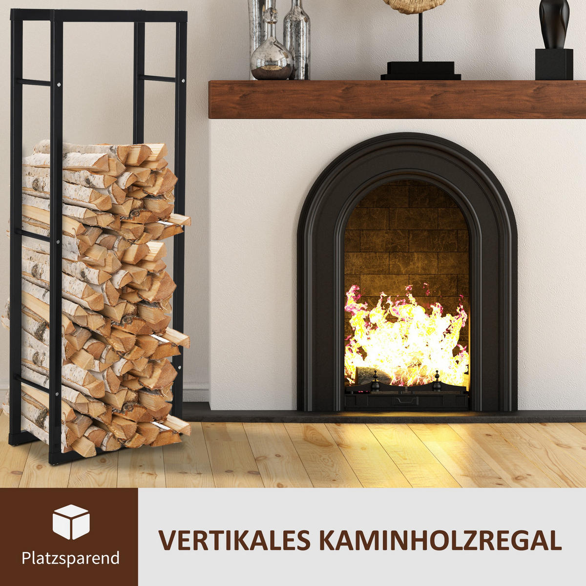 KAMINHOLZREGAL, Stahl, Schwarz, L40 x B25 x H150 cm - Schwarz, Metall (25/150/40cm) - HOMCOM