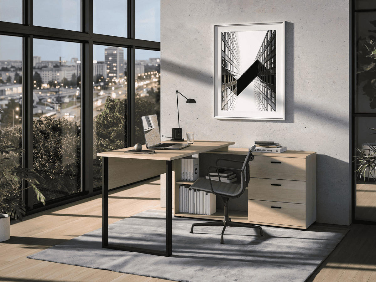 ECKSCHREIBTISCH – ODELIS 09 – Ergonomischer Arbeitstisch mit integriertem Stauraum - Schwarz, Holzwerkstoff (133/168/77cm) - hi-markt