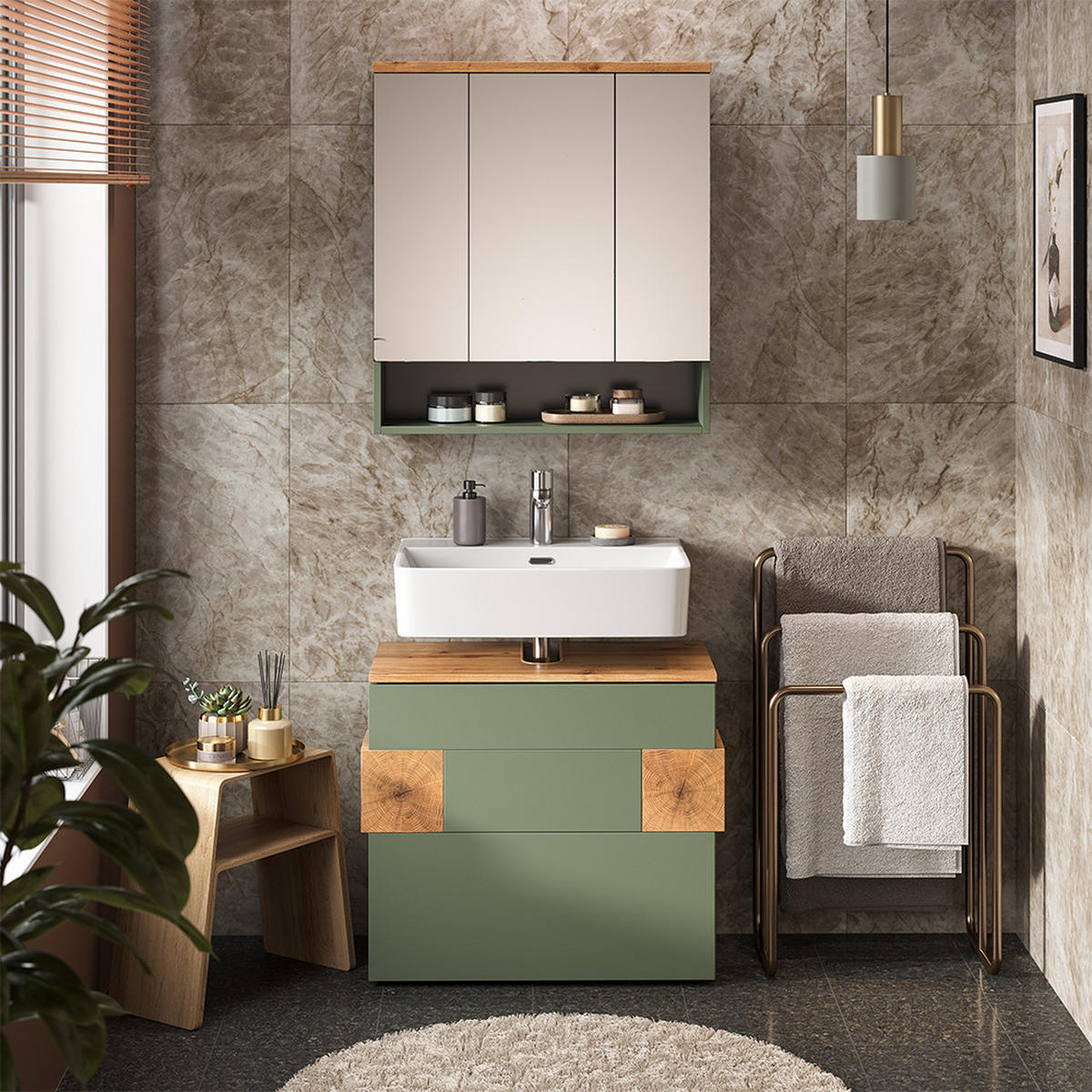 BADMÖBEL-SET Eden Grün/Artisan 2 Teile - Hellgrau/Grün, Holzwerkstoff (70/64.5/37cm) - Vicco