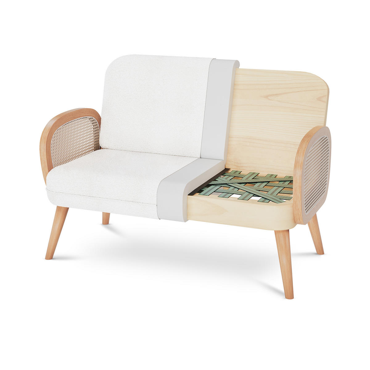 2-SITZER-SOFA Rosi Böhmisches in Cannage und weißem Frottee - Weiß/Akaziefarben, Holz/Holzwerkstoff (125/83/79cm) - Sicaan