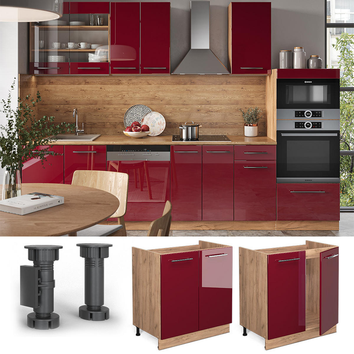 SPÜLENUNTERSCHRANK Fame-Line Bordeaux Hochglanz 80 cm, AP Marmor - Bordeaux/Eiche Wotan, Holzwerkstoff (80/82/60cm) - Vicco