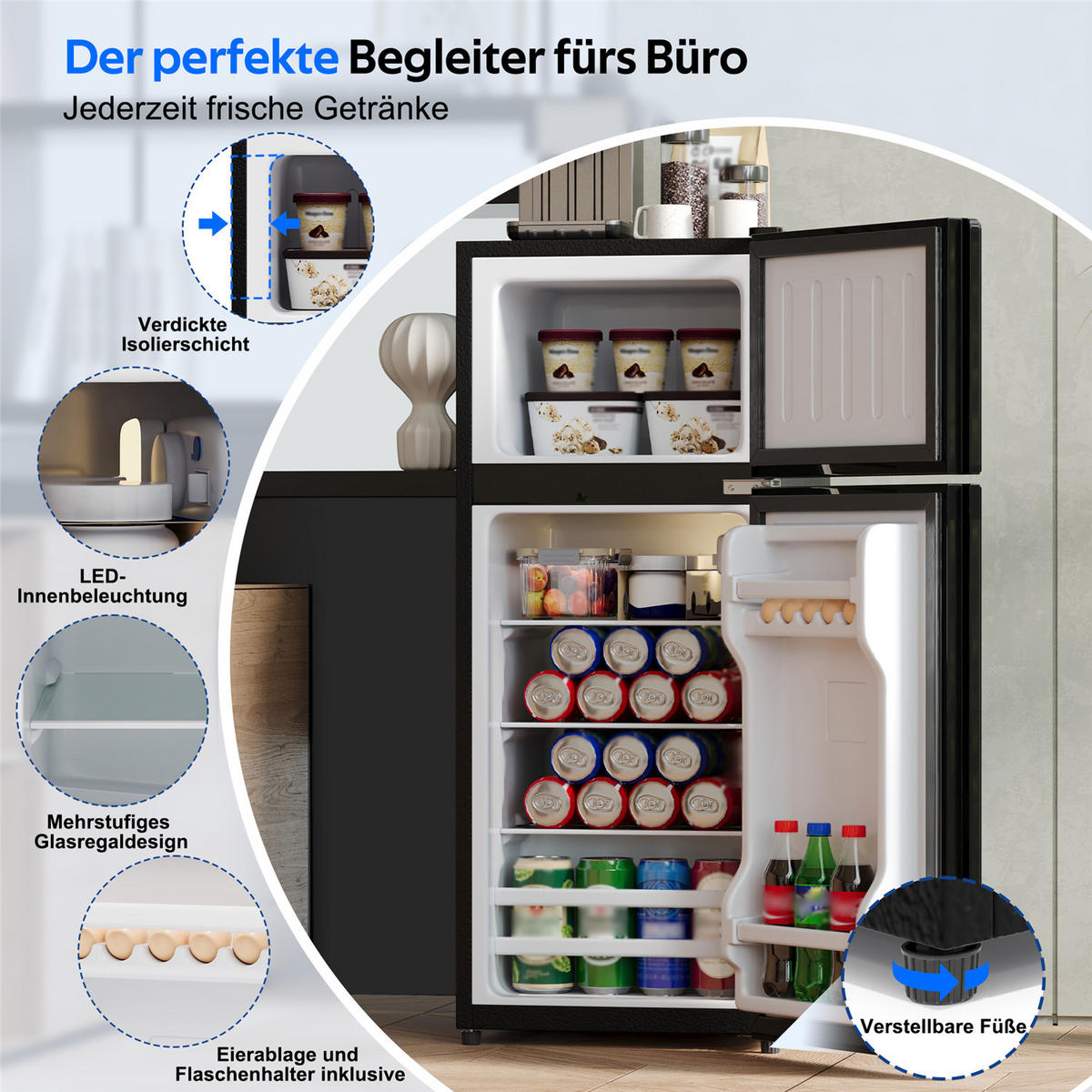 MINIKÜHLSCHRANK 92L Gefrierfach LED Temperaturregelung - Schwarz, Metall (42.5/102/44.5cm) - Kaket
