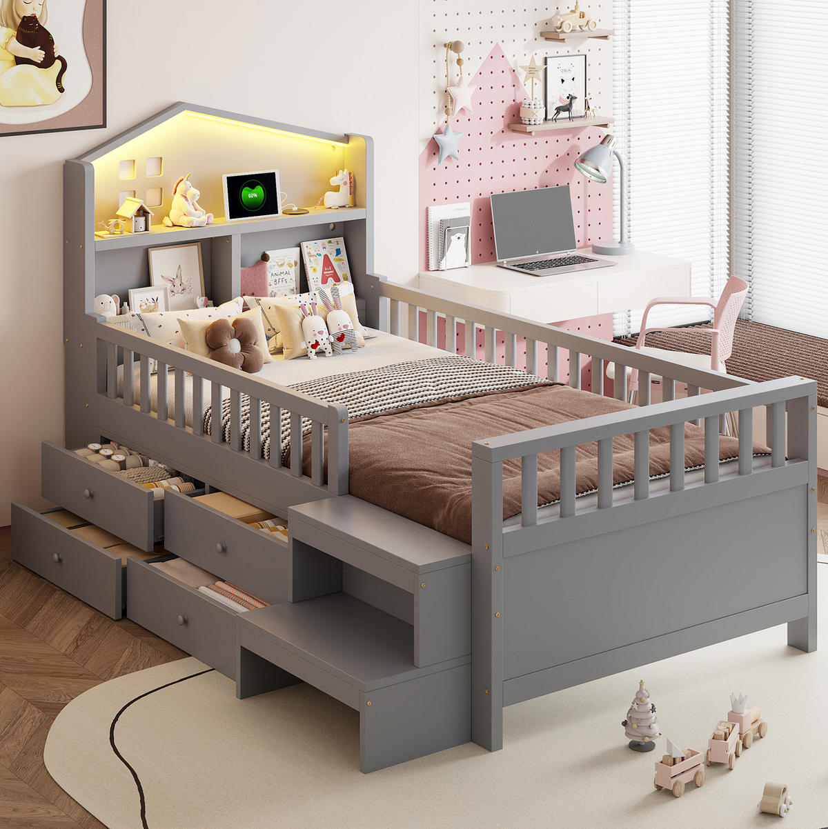 KINDERBETT 90/200 cm mit LED, USB- und USB-C-Anschluss, 4 Schubladen, Treppe und Lattenrost, Grau - Grau, Holzwerkstoff (90/200cm) - Redom