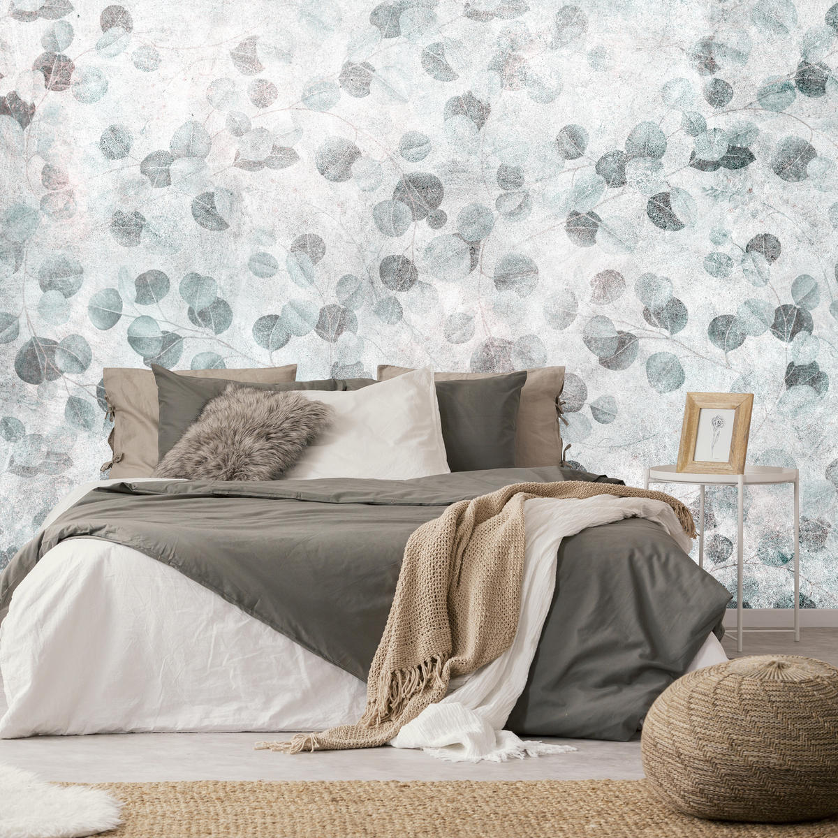 FOTOTAPETE Eukalyptusblätter Beton Vintage Stil 450x315 - Grau/Grün, Papier (450/315cm) - Muralo