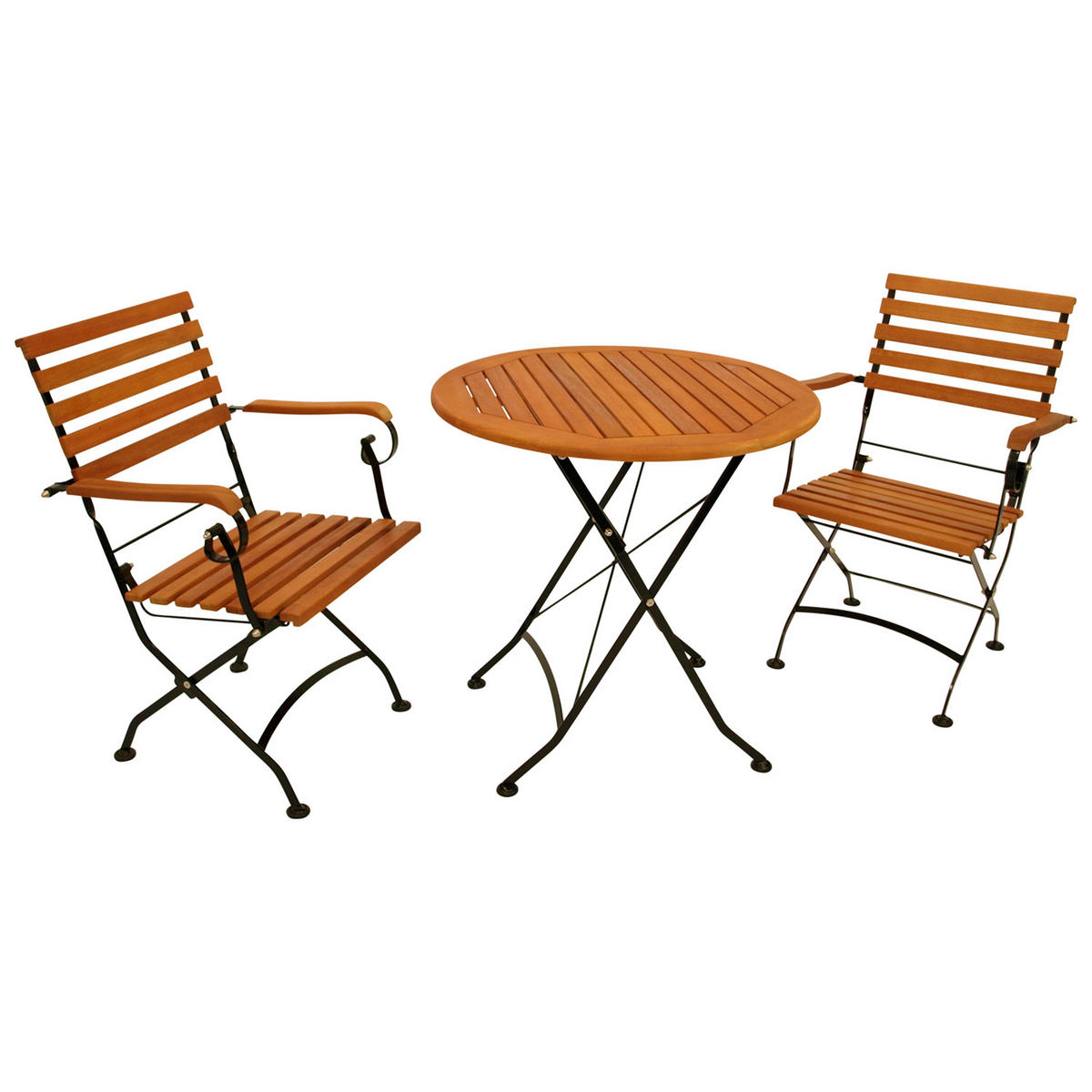 GARTENESSGRUPPE Bad Belzig - 3-teilig (2x Armlehnensessel, 1x Tisch 75x75cm), Gestell Flachstahl schwarz, Latten Eukalyptusholz, - Schwarz, Metall - TPFGarden