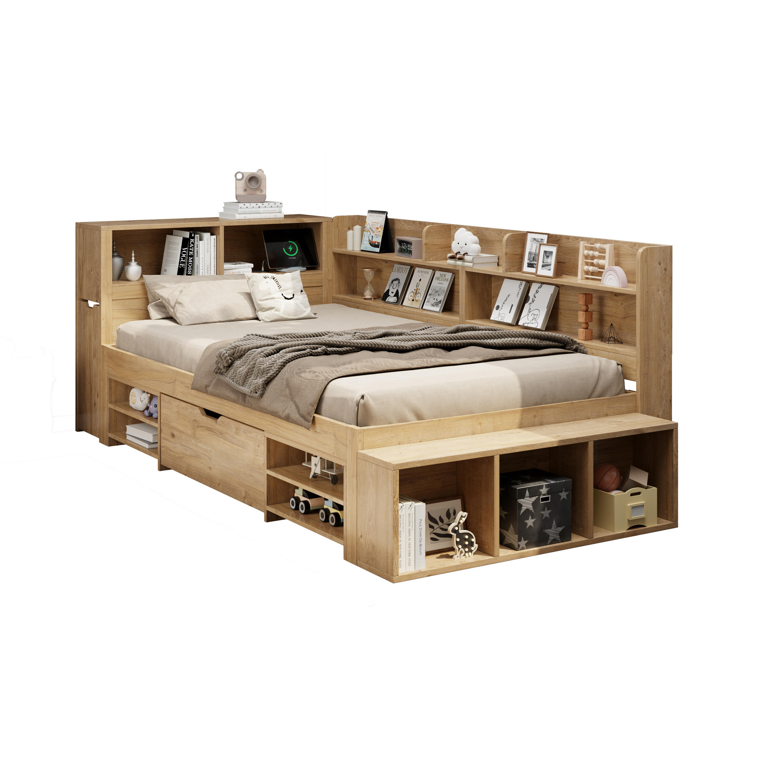 KINDERBETT 90/200 cm in Natur mit Regal, Schublade und Induktiver Ladefunktion - Naturfarben, Holz/Holzwerkstoff (90/200cm) - WISHDOR