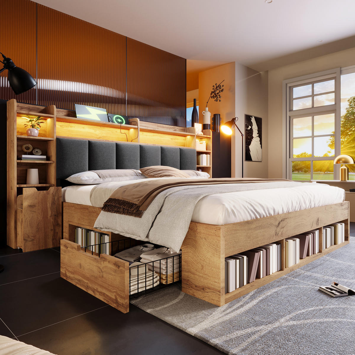 BETTANLAGE 160/200 cm in Eichefarben mit Rollschubladen, LED und USB - Eichefarben/Grau, Holzwerkstoff/Textil (160/200cm) - STILVORA