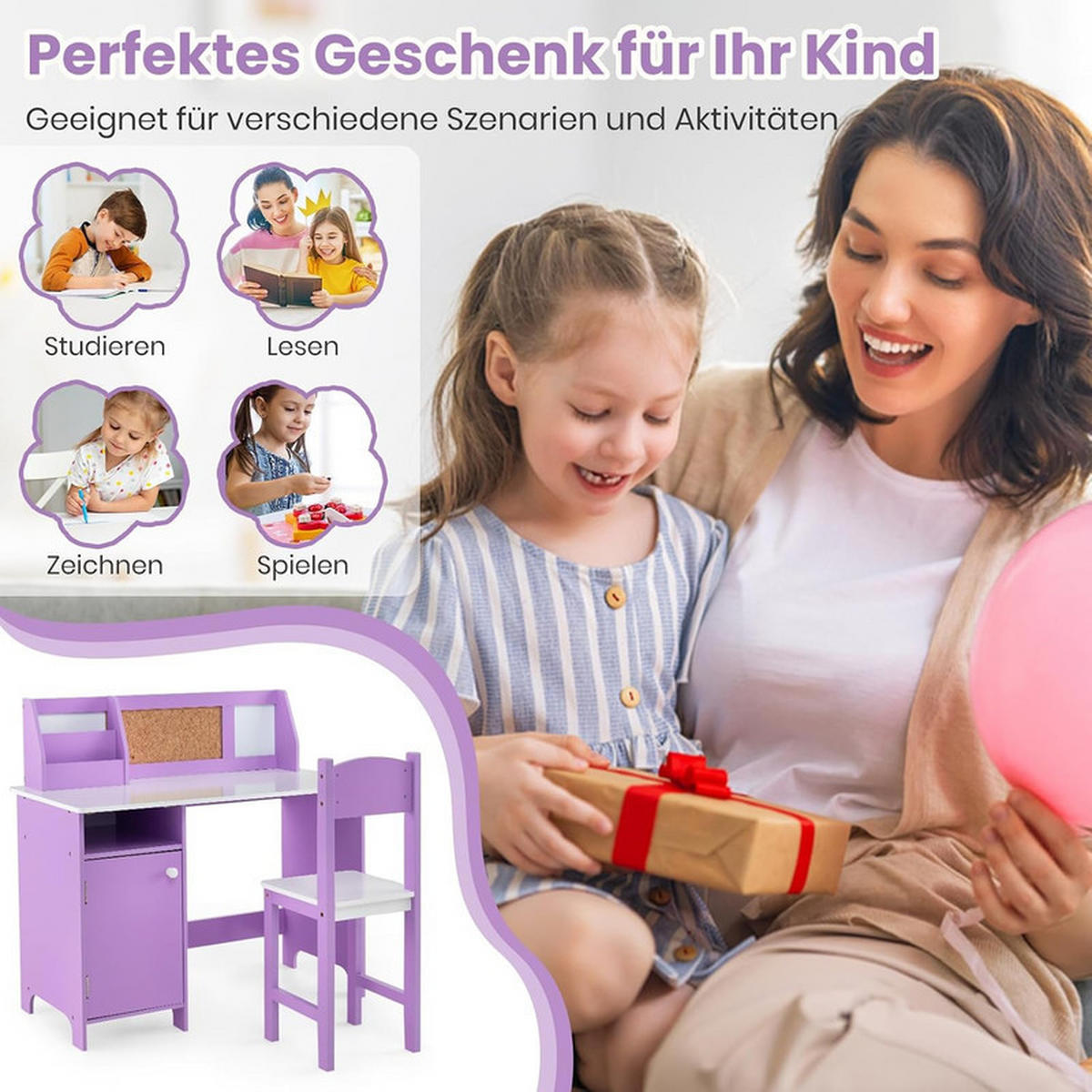 KINDERSCHREIBTISCH mit Stuhl lila(2-tlg) - Lila, Holzwerkstoff (90/85.5/45cm) - COSTWAY