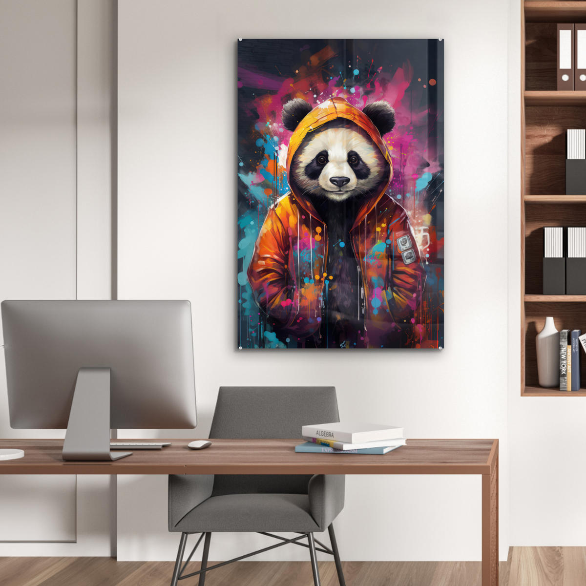 ACRYLGLASBILD Panda - Jacke - Graffiti - Orange 60x90 cm - Orange, Glas (60/90cm) - MuchoWow