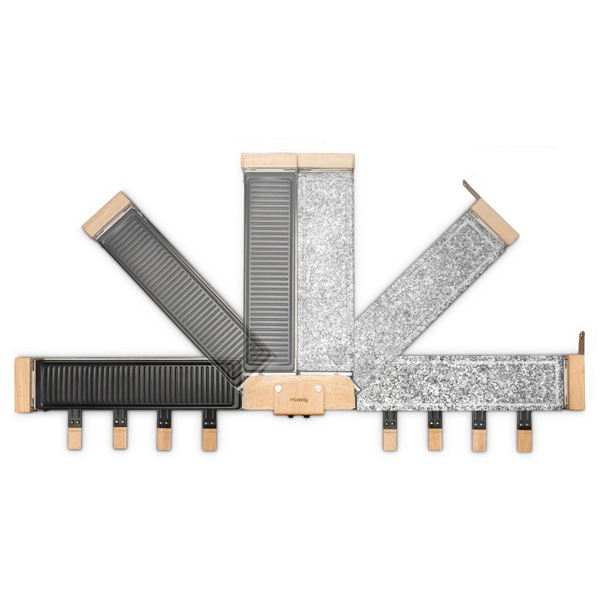 RACLETTE-GERÄT WOD360, Grau und Schwarz, Holzausführung, Stein und Grill, 8 Pfannen und 8 Pfannenwender aus Holz - Zirbelkieferfarben, Holz (23.1/12.4/56.5cm) - HKoenig