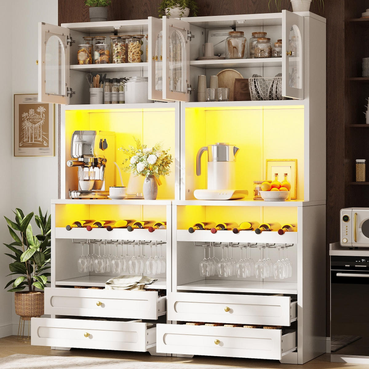 KÜCHENSCHRANK, Vitrinenschrank mit Glastüren, LED-Beleuchtung & Weinregal, MDF/Metall, 140/180/40 cm - Weiß, Kunststoff (40/180/140cm) - Rolipo