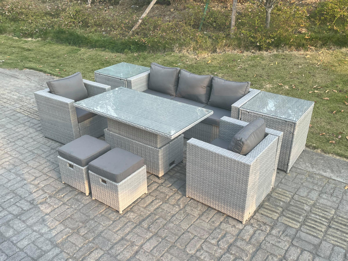 GARTENMÖBEL SET mit höhenverstellbarer Tisch Polyrattan Helles Grau 8-teilige - Hellgrau, Metall - Fimous