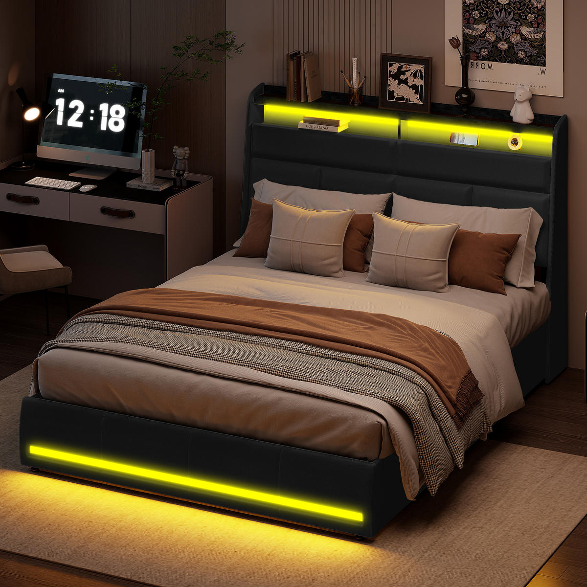 STAURAUMBETT 160x200 cm Doppelbett mit Stauraum LED und Ladestation Schwarz - Schwarz, Holz (160/200cm) - PARAFTA HOME