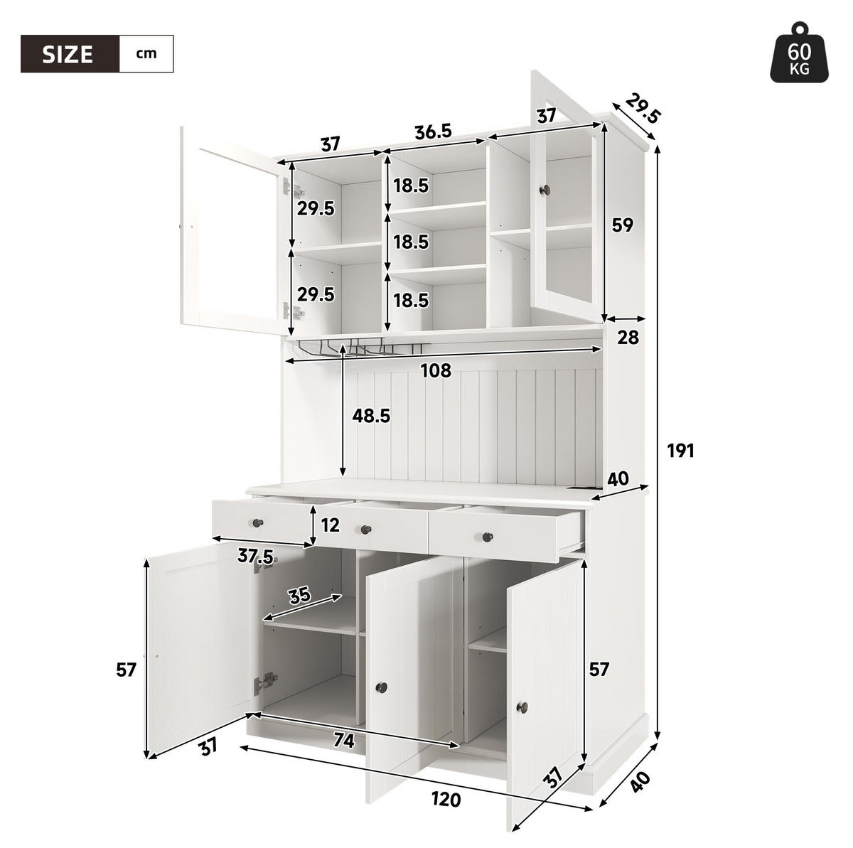 BUFFETSCHRANK aus Spanplatte 120x40x191 cm Weiß mit Glastüren, Gläserhalter und Steckdosen - Weiß, Holzwerkstoff (120/191/40cm) - IVMEU