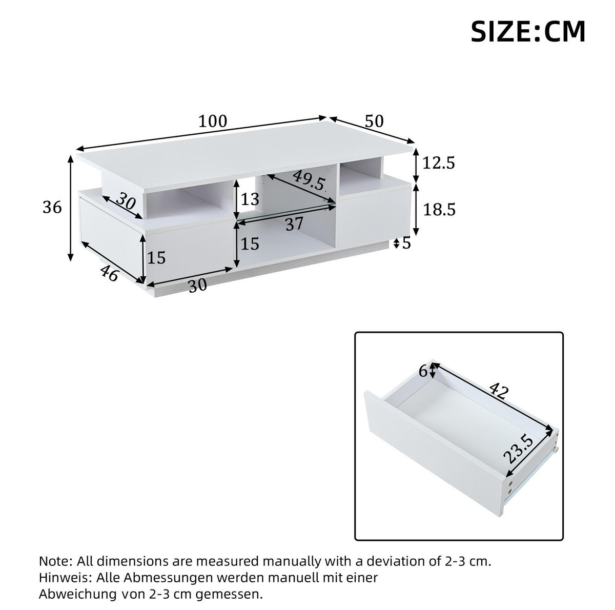 COUCHTISCH 100/50/36 cm mit 2 Schubladen, Glasablagen und LED-Beleuchtung in Hochglanz, Weiß - Weiß, Holzwerkstoff (100/50/36cm) - Redom