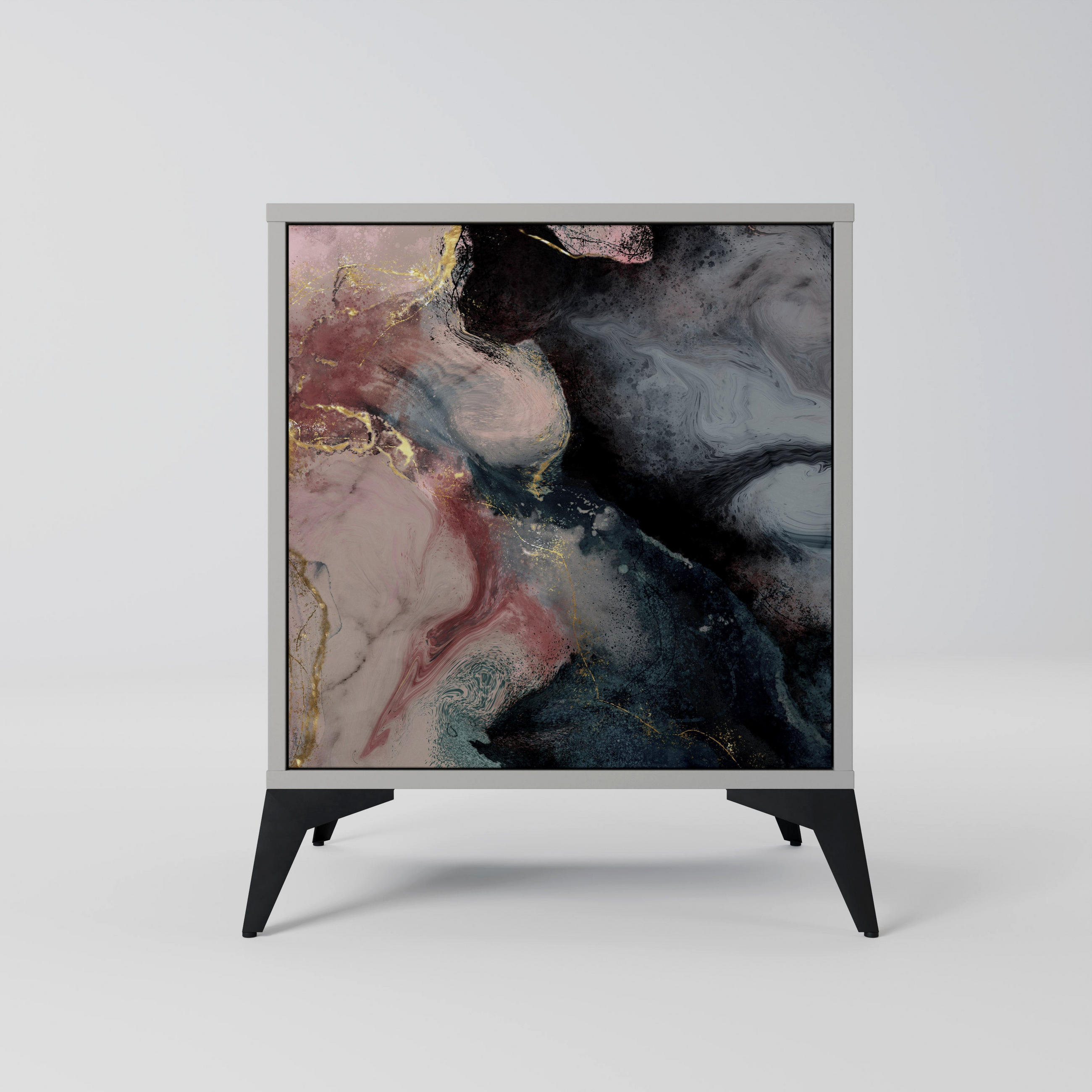 SIDEBOARD GILDED SWIRLS, Grau, 57,5x42x70,5 cm, Schwarze Metall-Sternfüße - Multicolor/Schwarz, Holzwerkstoff/Metall (57.5/70.5/42cm) - SpaceRebels
