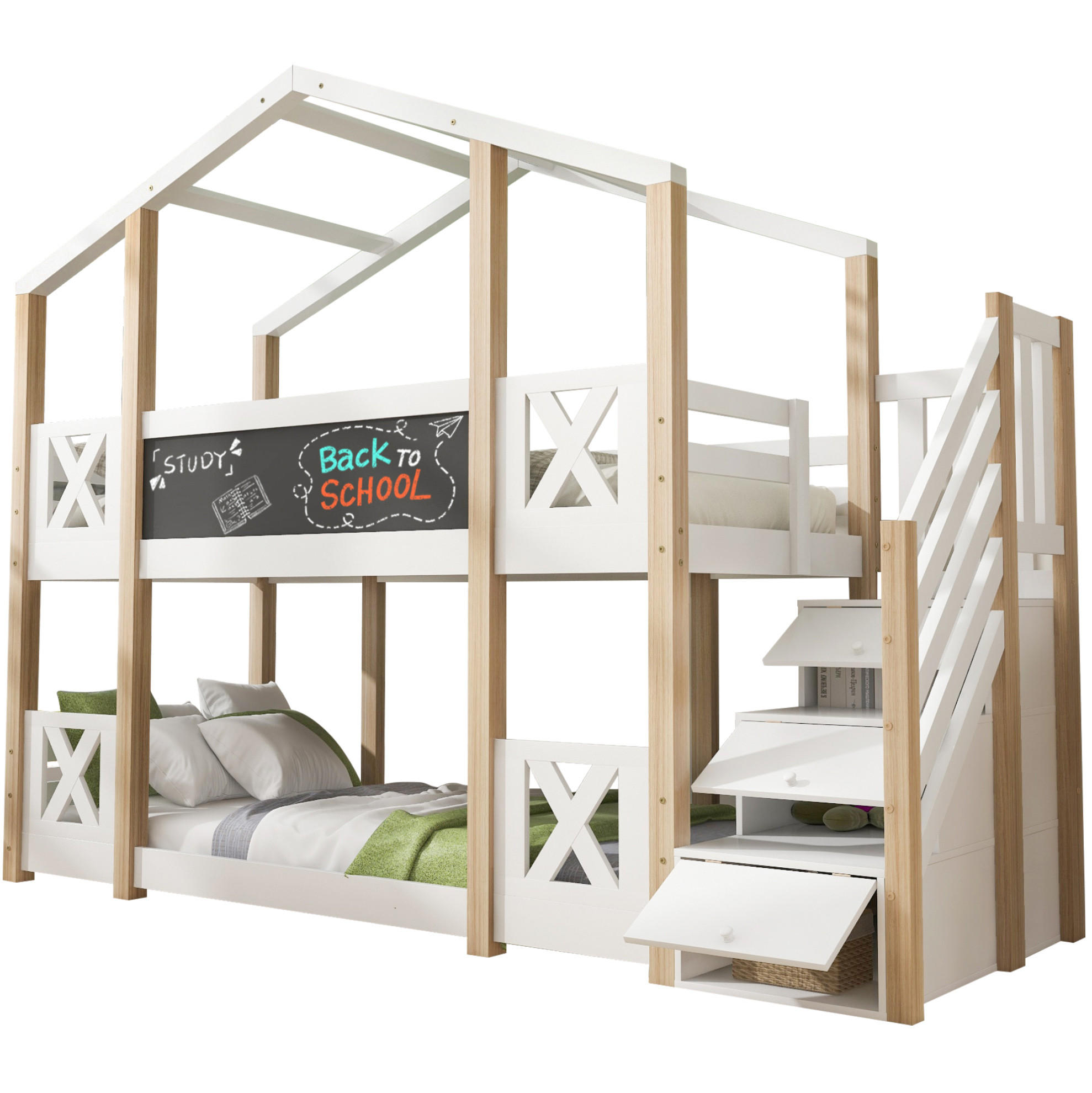 ETAGENBETT mit Treppe und Stauraum 90x200 cm Weiß/Natur - Weiß, Holzwerkstoff (90/200cm) - Beauniv