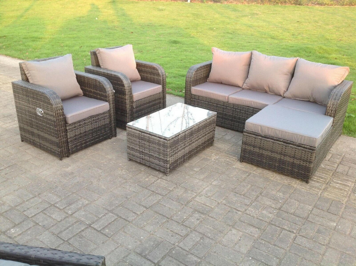 LOUNGESOFA Polyrattan 6-Sitzer - Dunkelgrau/Grau, Glas/Kunststoff - Fimous