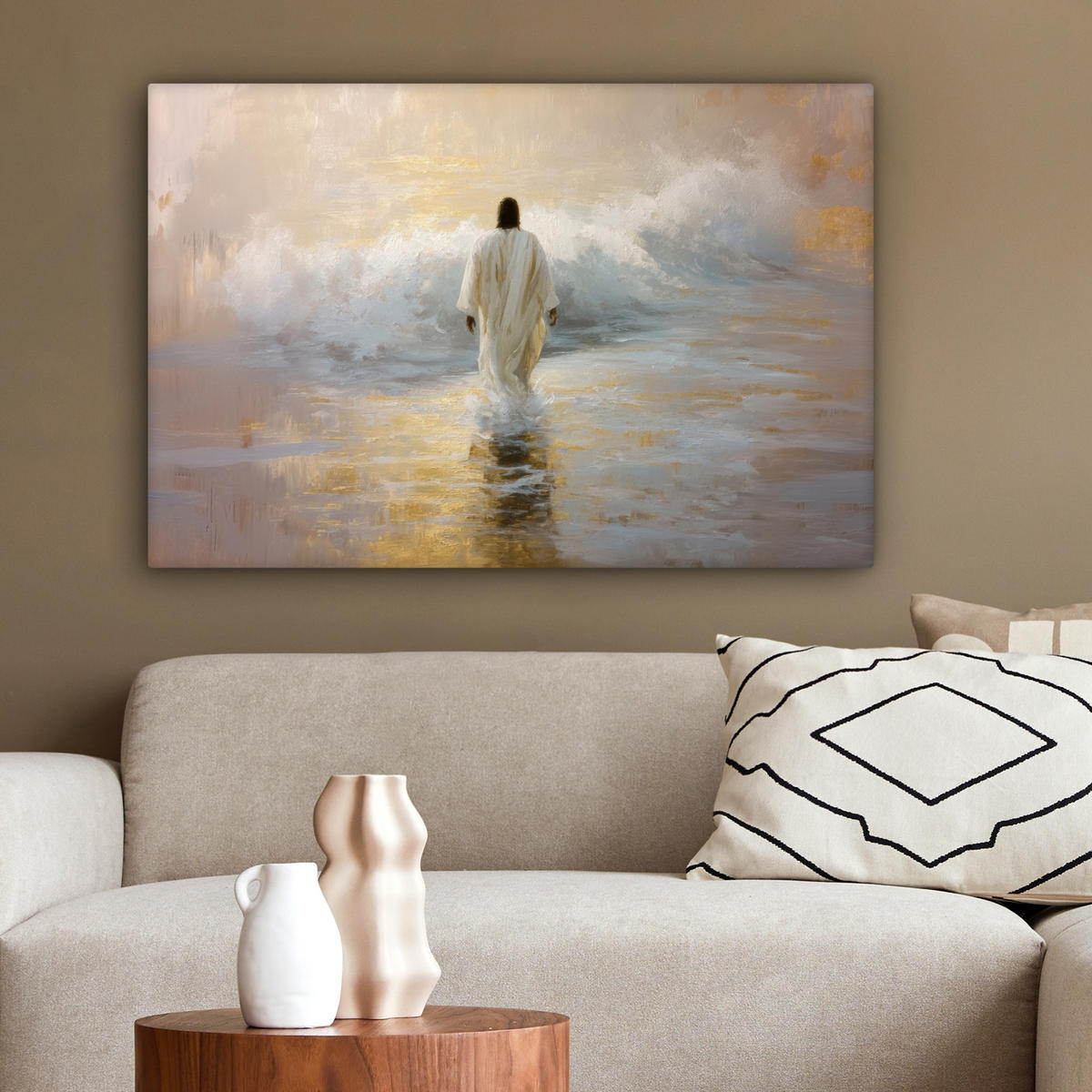 LEINWANDBILD Gemälde - Welle - Jesus - Abstrakt Gemälde 60x40 cm - Goldfarben, Textil (60/40cm) - MuchoWow