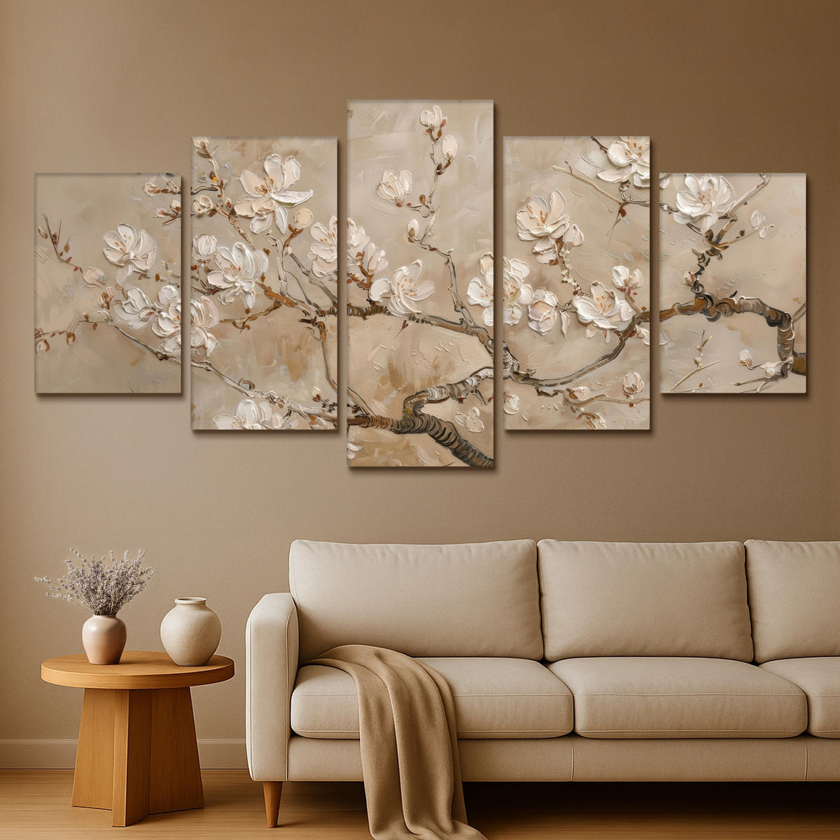 LEINWANDBILD 5er Set Beige - Blüte - Modern 200x100 cm - Greige, Textil (200/100cm) - MuchoWow