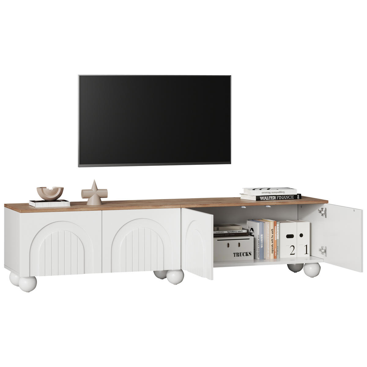 TV-SCHRANK 180/40/45 cm weiß Holzoptik mit 4 Türen und 6 kugelförmigen Metallbeinen - Weiß, Holzwerkstoff (180/45/40cm) - OKWISH
