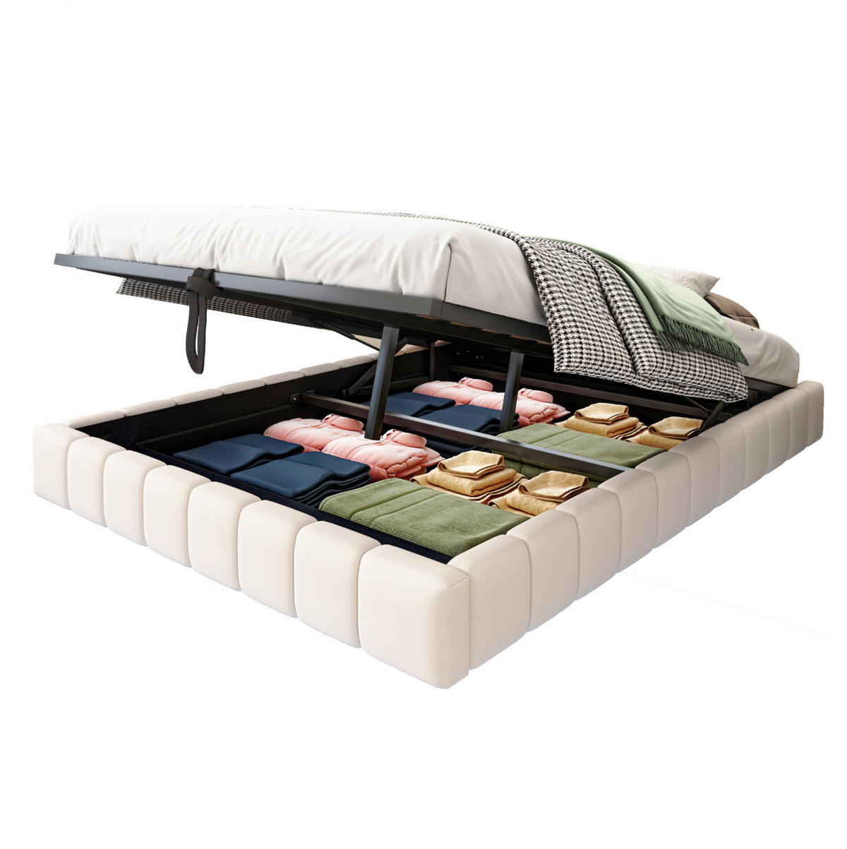 POLSTERBETT 140/200 cm Beige Hydraulischer Schwebebettrahmen mit Stauraum und LED-Beleuchtung - Beige, Textil (140/200cm) - OKWISH