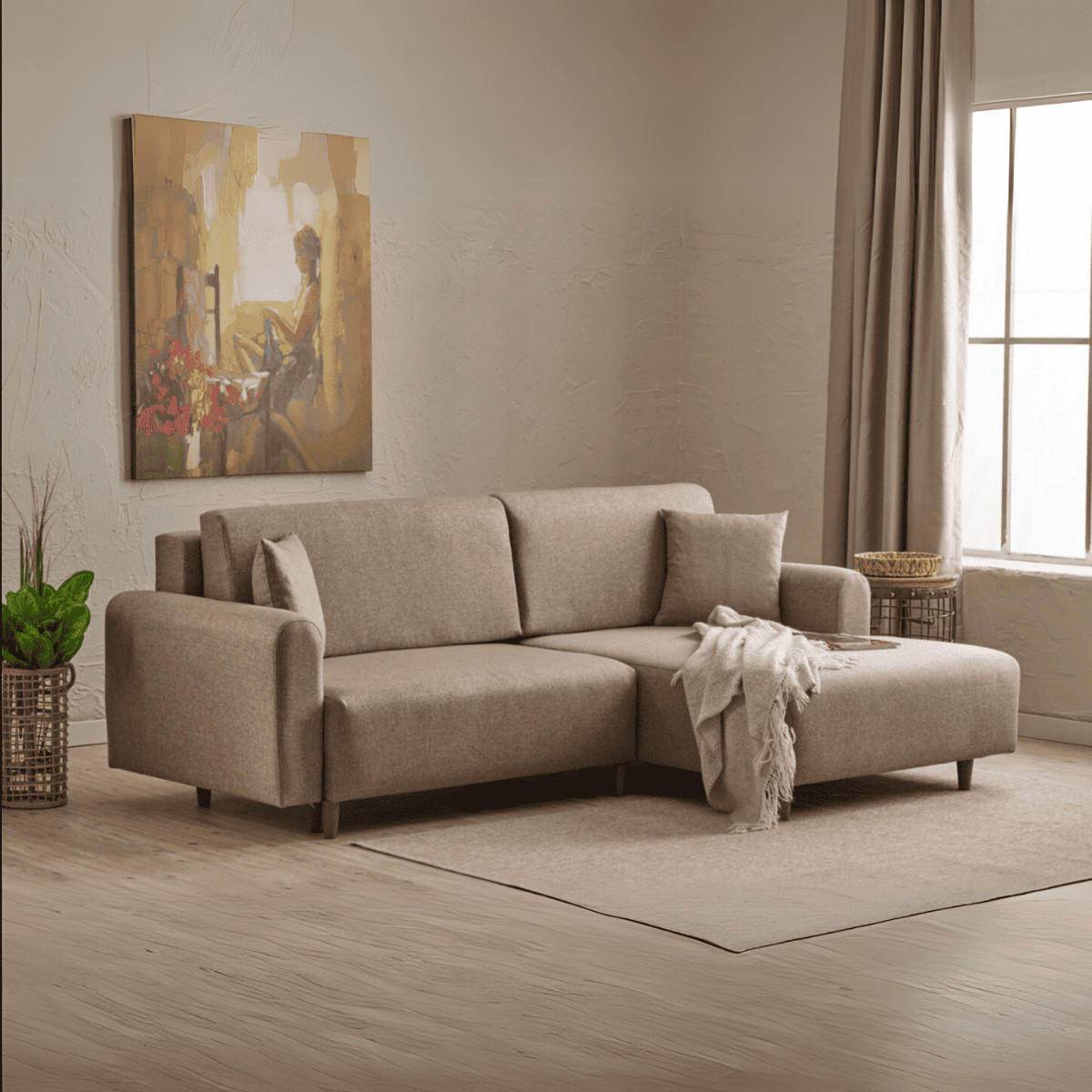 ECKSOFA mit Schlaffunktion und rechtsseitiger Récamiere aus Stoff - mane 246/160/85 cm - Taupe, Holz (160/246cm) - Calicosy