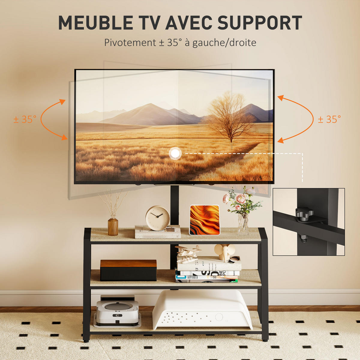 TV-SCHRANK Natur/Schwarz 108/41/135 cm, Schwenkbare Halterung, Offene Fächer, Holzoptik - Naturfarben, Holzwerkstoff (108/135/41cm) - PANGIVO
