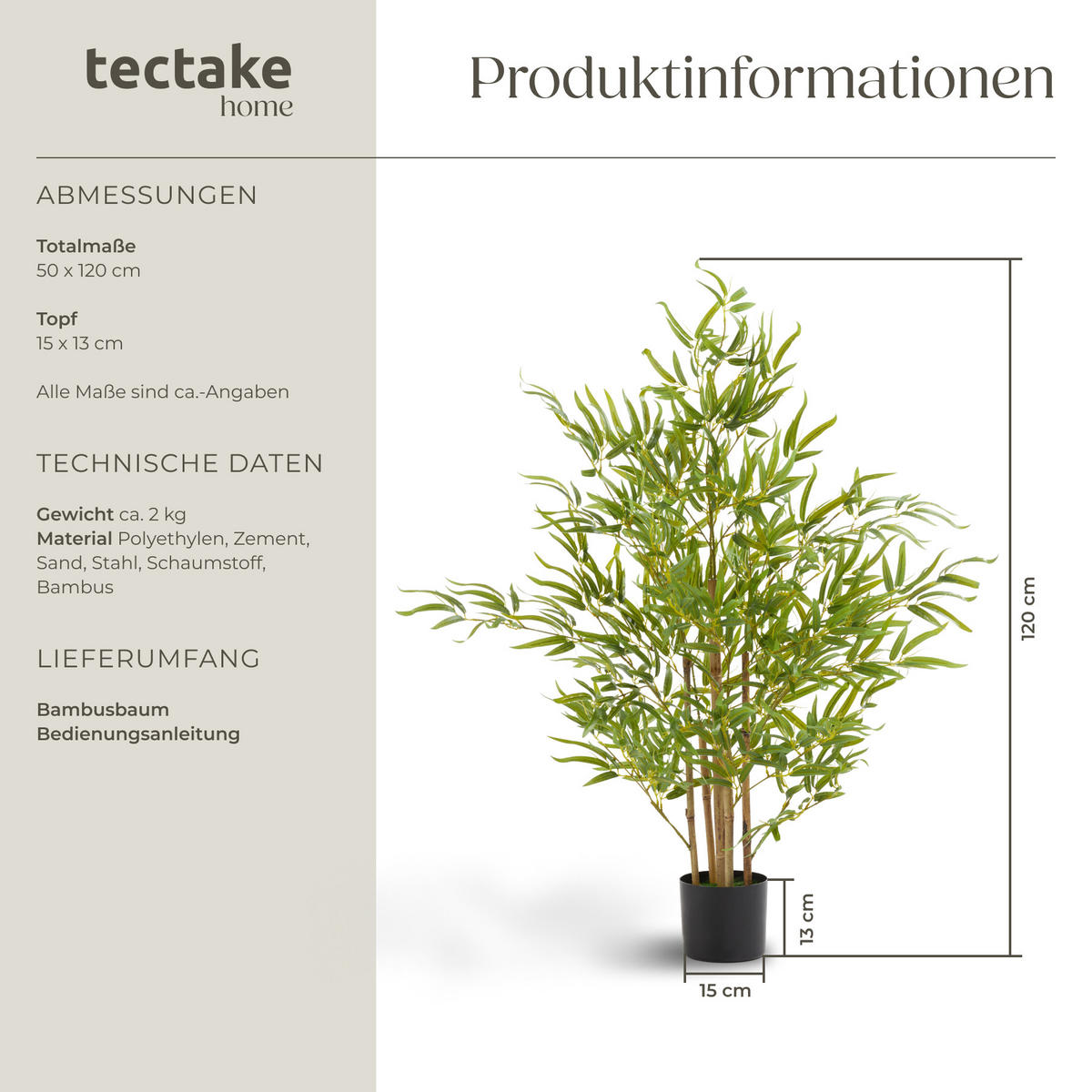 KÜNSTLICHER-BAMBUSBAUM Bambosa,stabiler Kunststoff-Blumentopf,grün - Grün, Kunststoff (120cm) - tectake