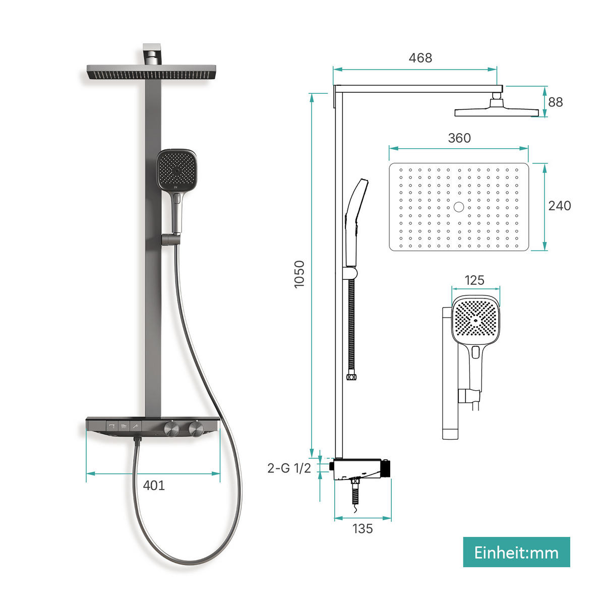 ÜBERKOPFBRAUSESET mit Thermostat Einstellbarer Durchfluss 4-Strahl Anthrazit Matt - Anthrazit, Metall (40.2/105/57.3cm) - EMKE