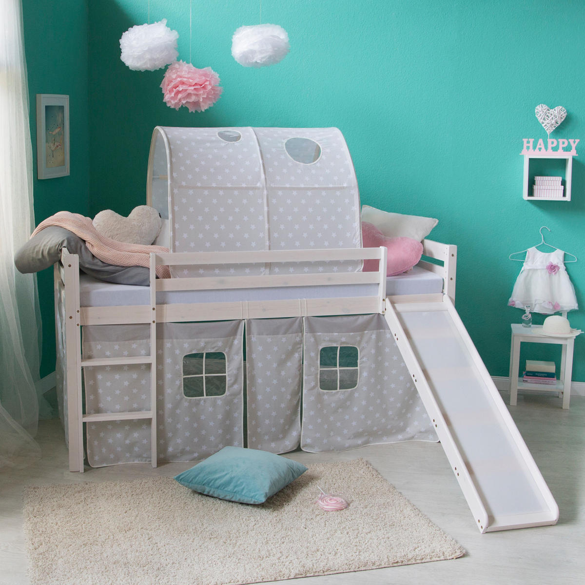 TUNNELSET für Hochbett 90 cm Sterne - Grau, Textil (90/70/100cm) - Homestyle4u