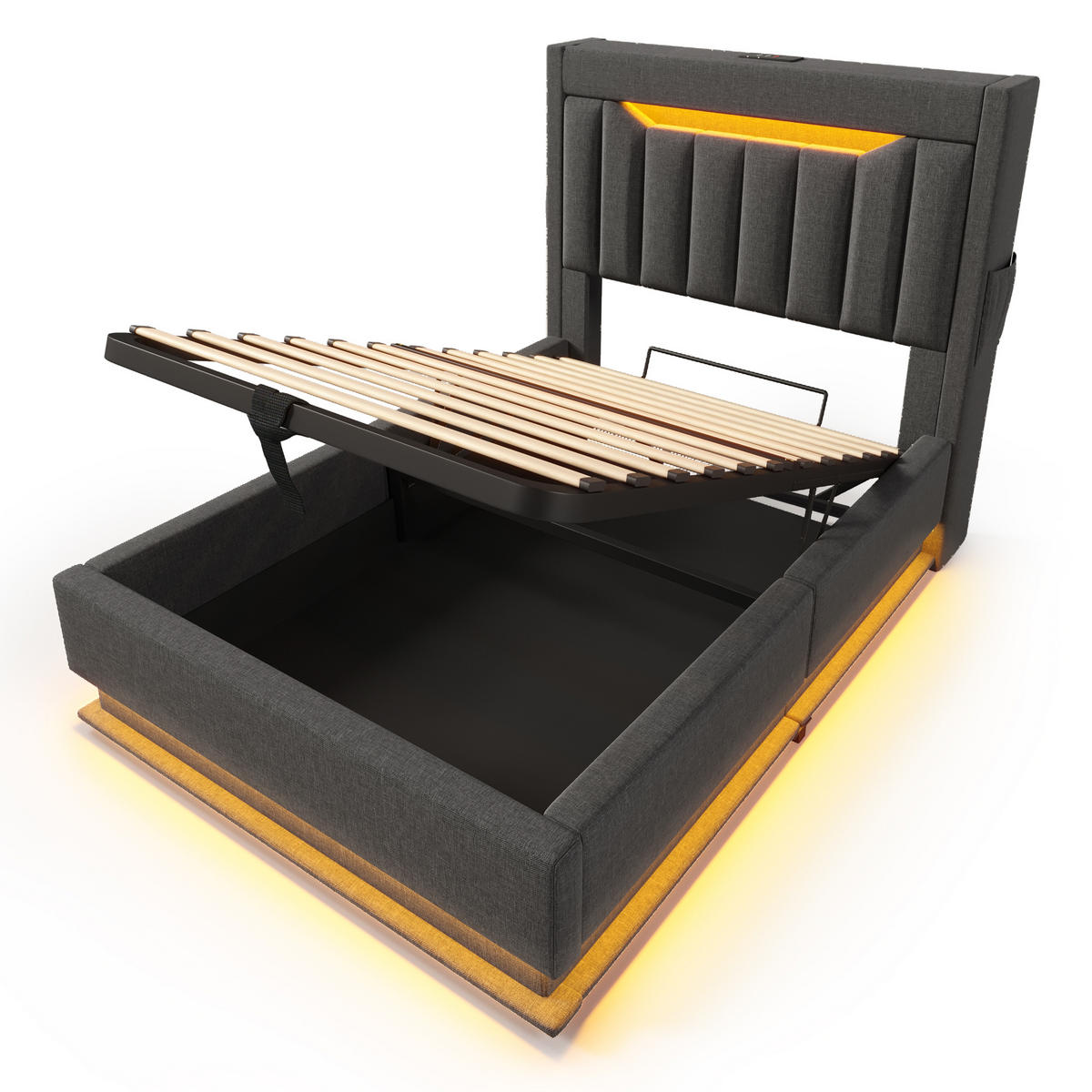 POLSTERBETT 90/200 cm Grau aus Leinen mit LED, USB/Typ-C und Bettkasten mit Matratze - Grau, Textil (90/200cm) - OKWISH