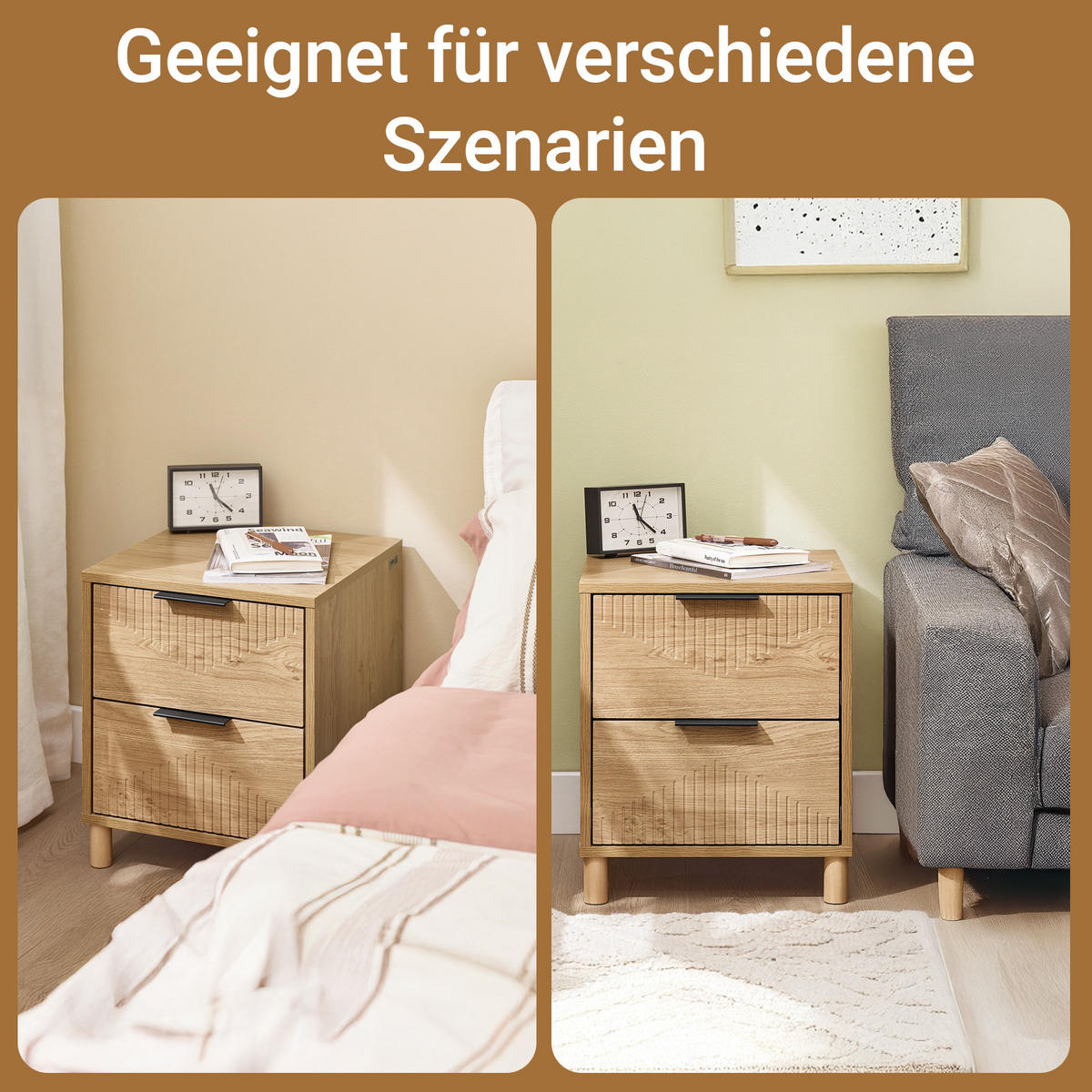 NACHTTISCH mit 2 Schubladen, Natur - Naturfarben, Holzwerkstoff (40/47/42cm) - SoBuy