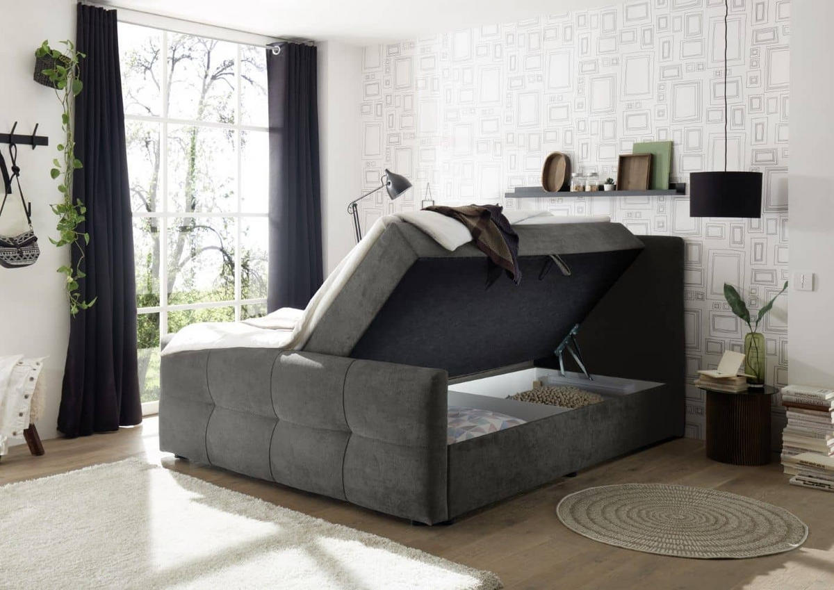 BOXBETT mit 9‑Zonen-Tonnentaschenfederkern-Matratze, HR-30-Topper, Bettkasten - Schwarz/Graphitfarben, Holz/Kunststoff (160/200cm) - ed exciting design