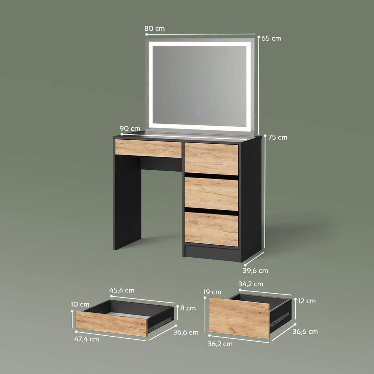 SCHMINKTISCH Imola Anthrazit/Goldkraft Eiche 120 cm mit LED Beleuchtung - Anthrazit/Eiche Wotan, Holzwerkstoff (120/75/55cm) - Livinity®